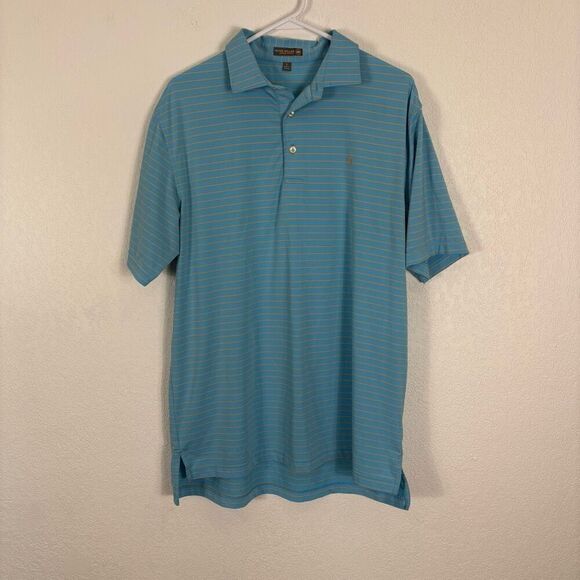 Peter Millar Blue w/ Yellow Striped Collared Short Sleeve Polo Top Men's L - Picture 1 of 9